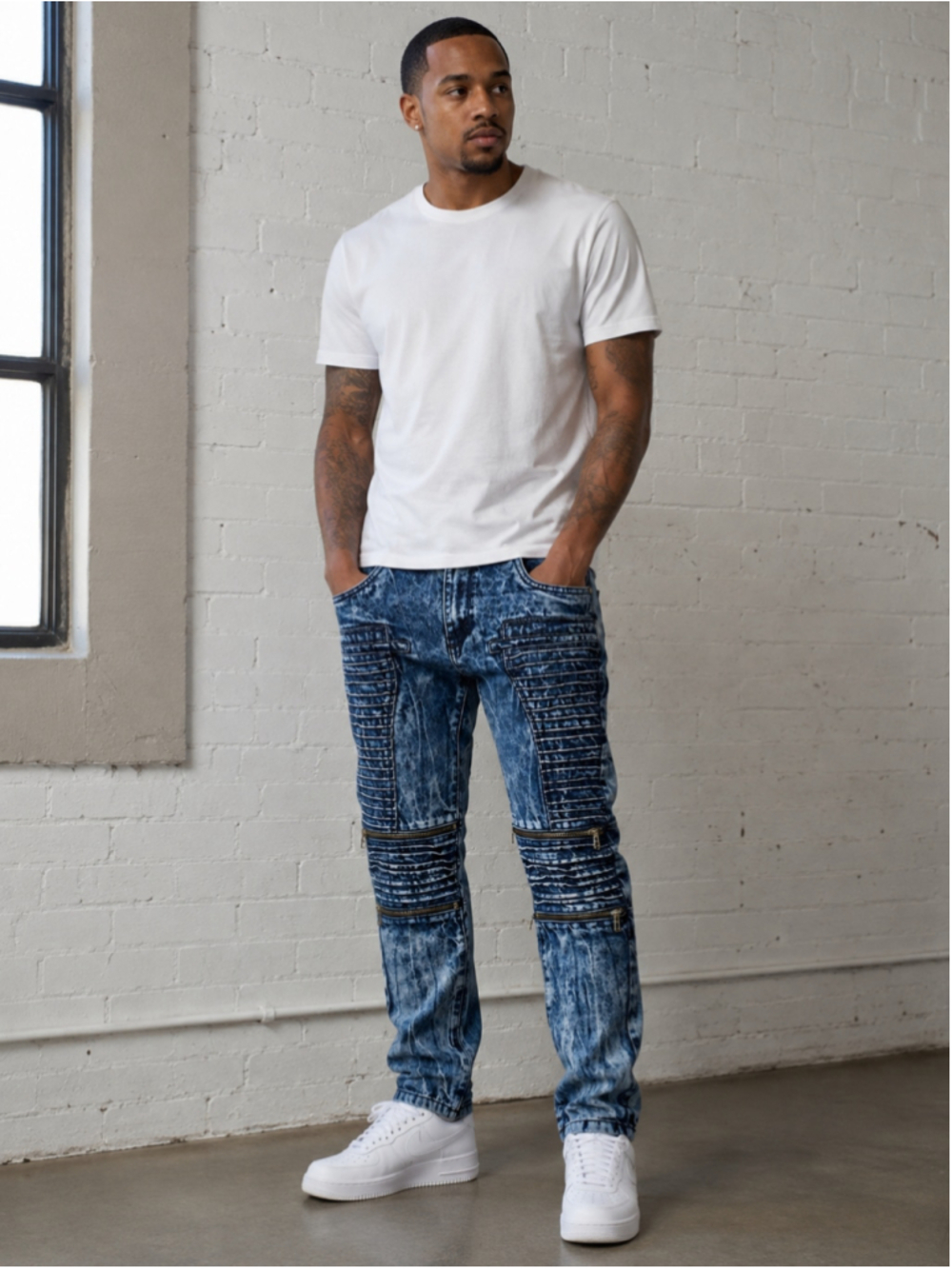 Trillnation Slim Jeans Blue Acid Wash Moto Biker Men’s Waist 32